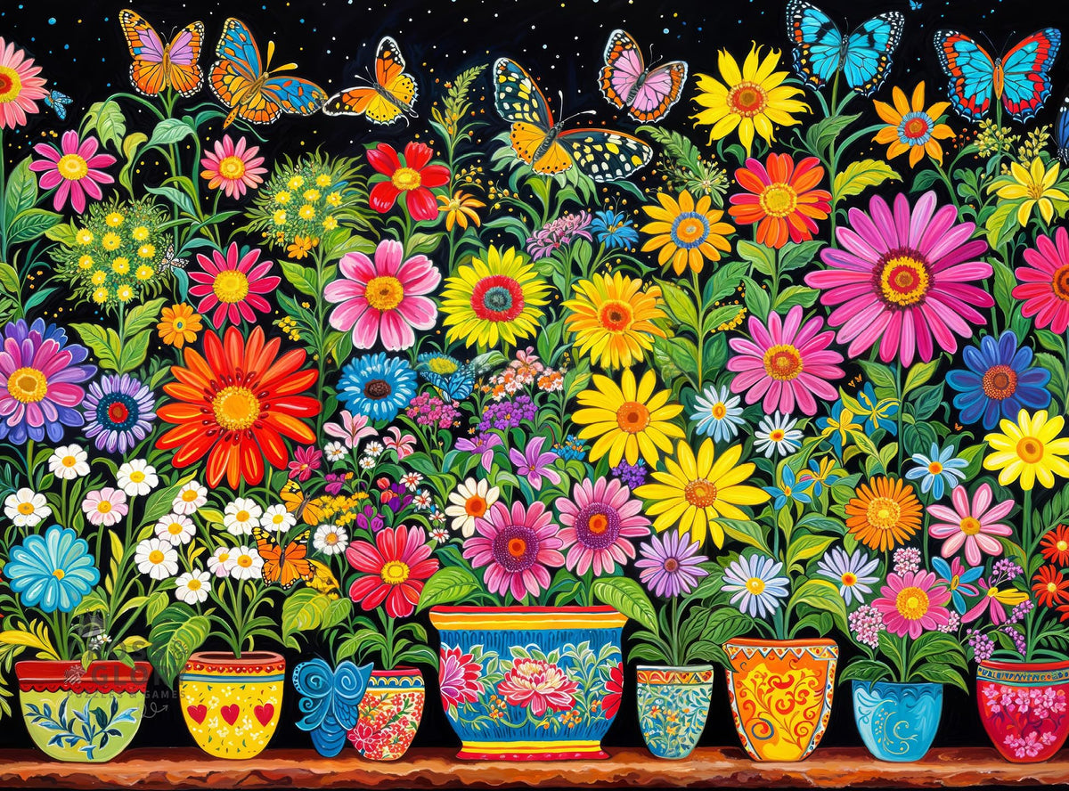 Cross & Glory Floral Fantasia garden scene with vibrant flowers and butterflies, ideal for relaxing puzzle sessions.