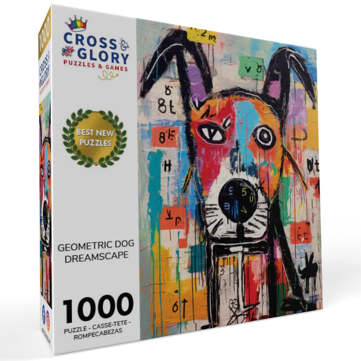 Cross & Glory Geometric Dog Dreamscape close-up of a stick-figure dog highlights vibrant shapes for mindful play
