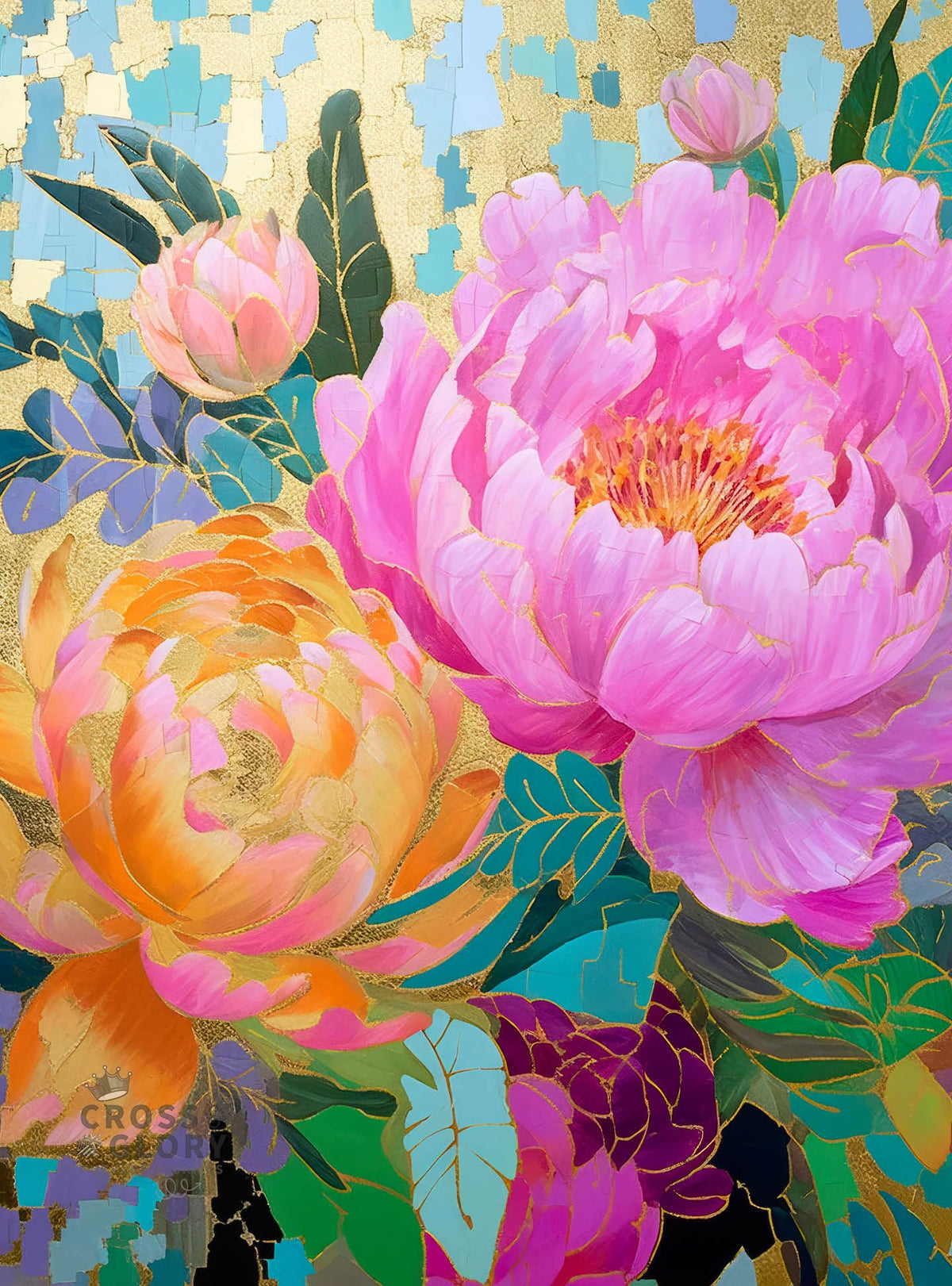 Cross & Glory Golden Peony Dreams puzzle artwork with vibrant colors and gold details