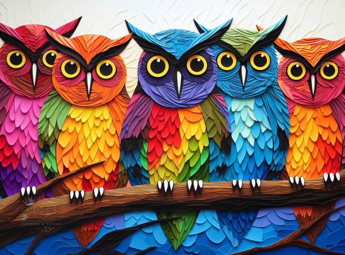 Cross & Glory Kaleidoscopic Owls night-scene puzzle offers vibrant colors for immersive evenings.