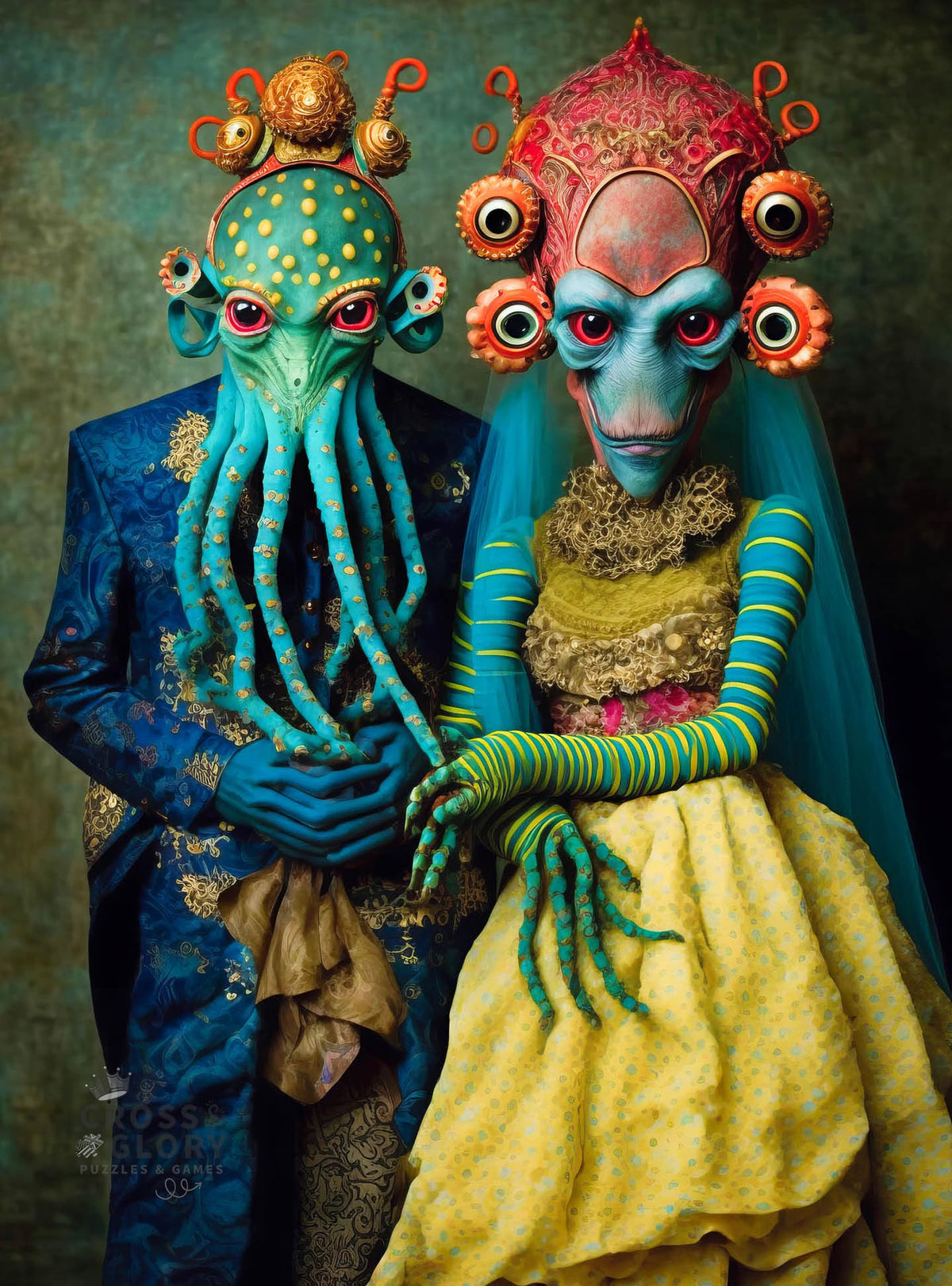 Cross and Glory artwork showing Xantara and Nykara in diplomat attire, a collector’s alien couple.