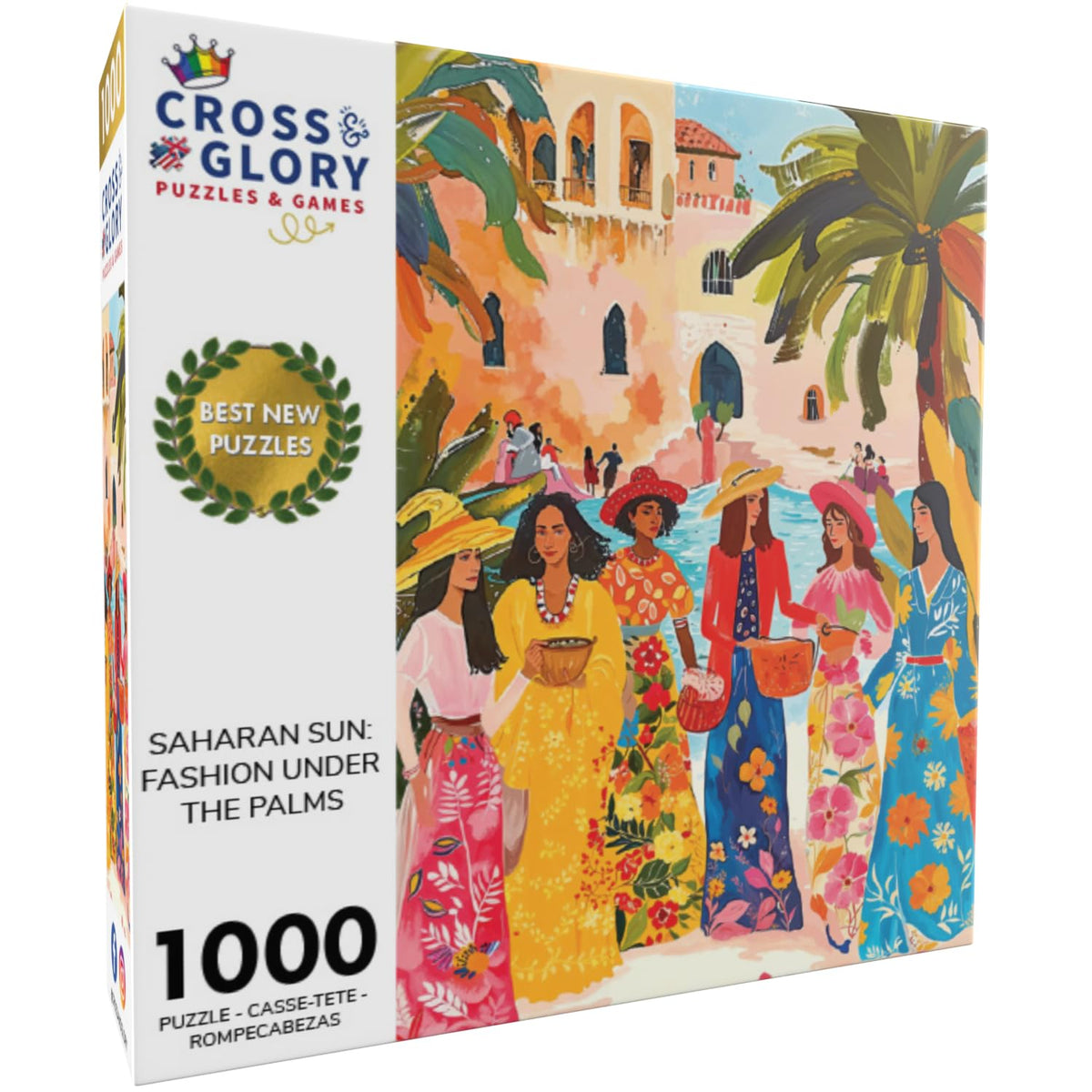 Cross & Glory Moroccan palms and stucco estate scene for mood-boosting puzzle sessions.