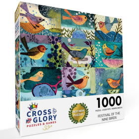Cross and Glory nine birds color collage puzzle pieces inspiring focused solving sessions.