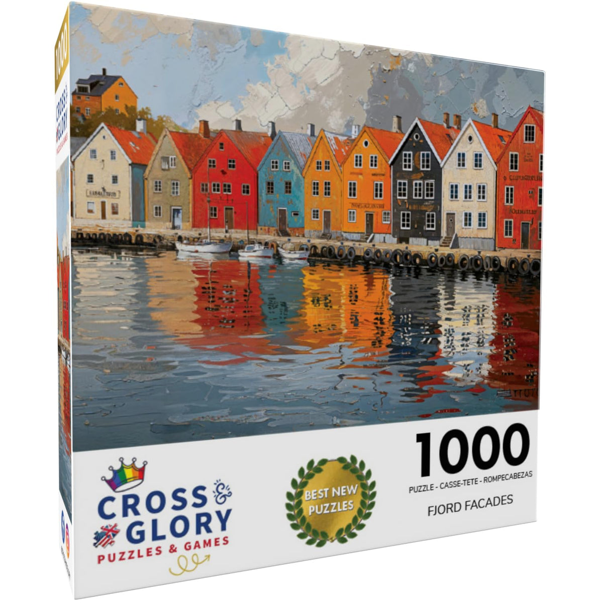 Cross & Glory Norwegian village coastline puzzle reveals bright reflections for immersive play.