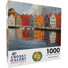 Cross & Glory Norwegian village coastline puzzle reveals bright reflections for immersive play.