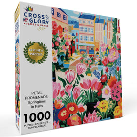 Cross & Glory Petal Promenade floral market scene puzzle highlighting vibrant color for immersive play.