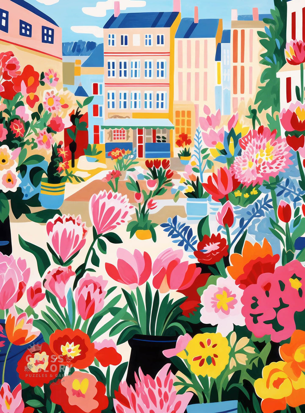 Cross & Glory Petal Promenade puzzle shows Paris spring blossoms in vibrant color for relaxation.