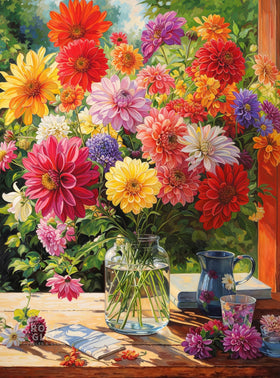 Cross and Glory Rainbow Dahlia Delight puzzle cover with vibrant colors for mindful time.