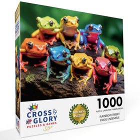 Cross and Glory Rainbow Ribbit eight vibrant frogs colors captured in a playful, colorful scene