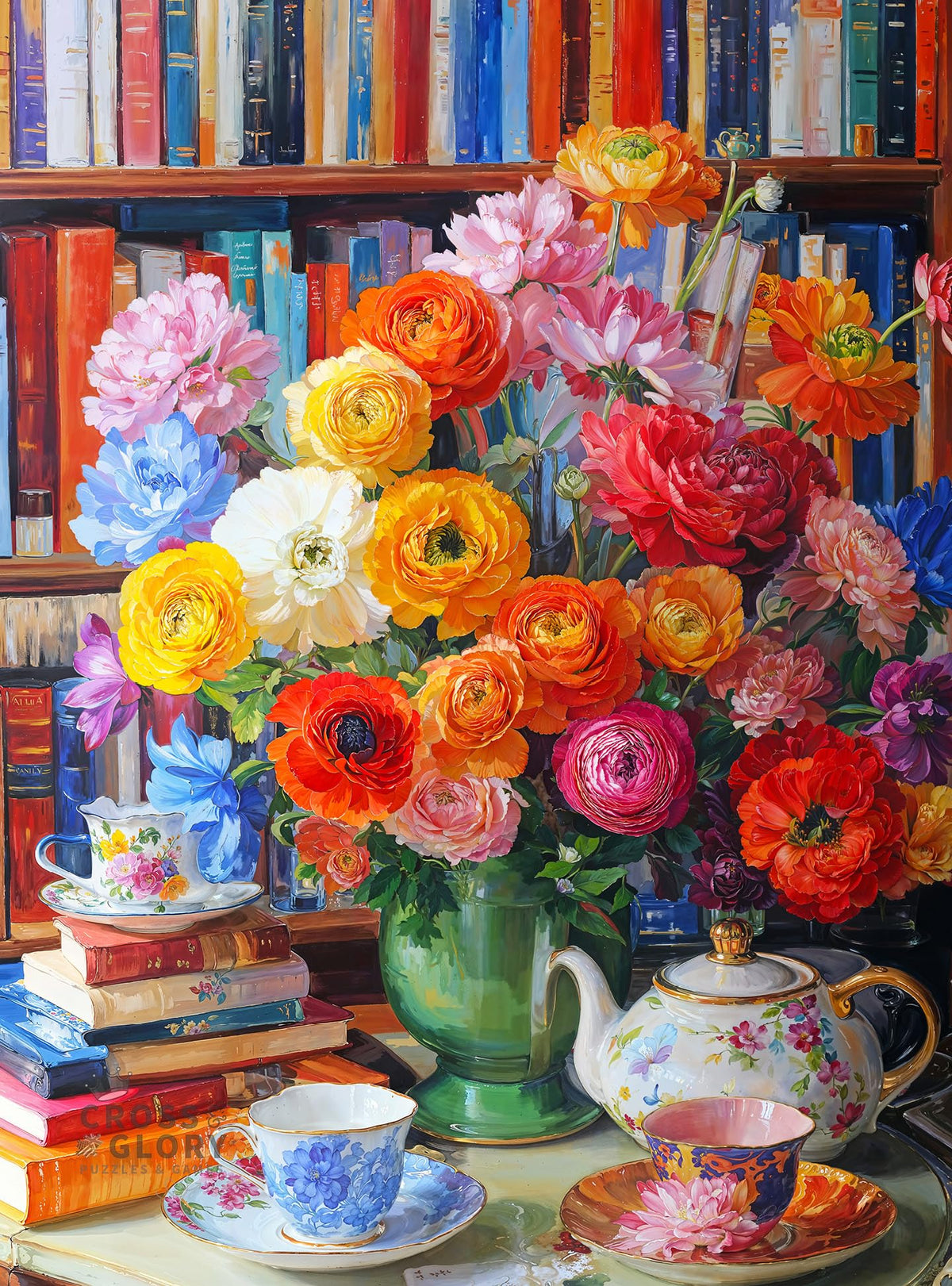 Cross & Glory Ranunculus Rendezvous puzzle cover with vibrant colors for a calming evening.