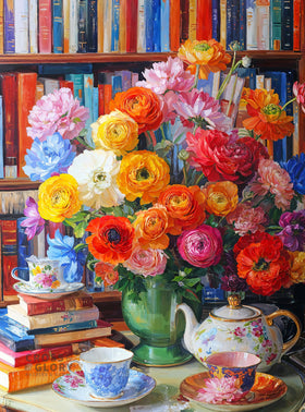 Cross & Glory Ranunculus Rendezvous puzzle cover with vibrant colors for a calming evening.