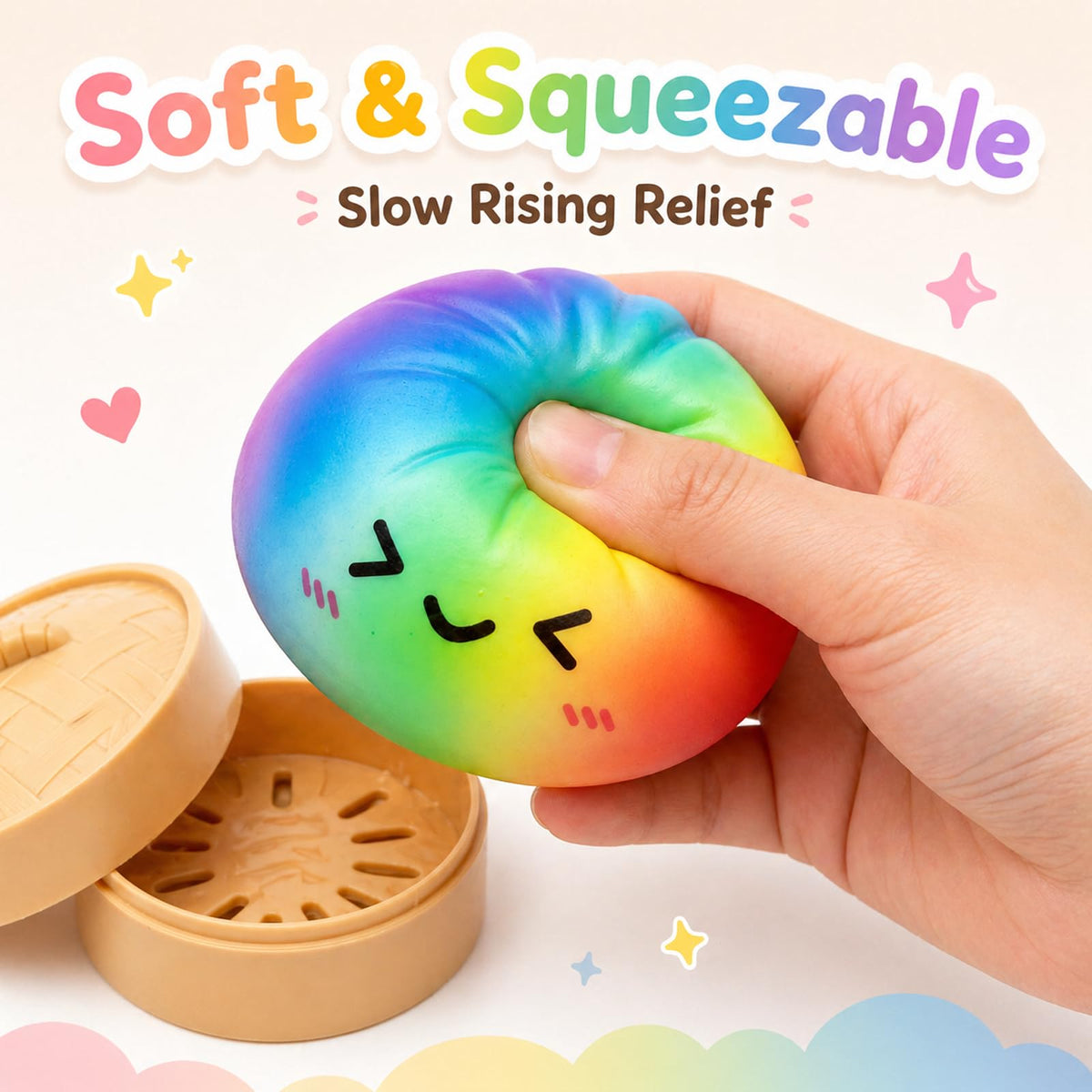 Crossunx Rainbow Dumpling Squishies food steamer pair adds playful desk decor and stress relief.