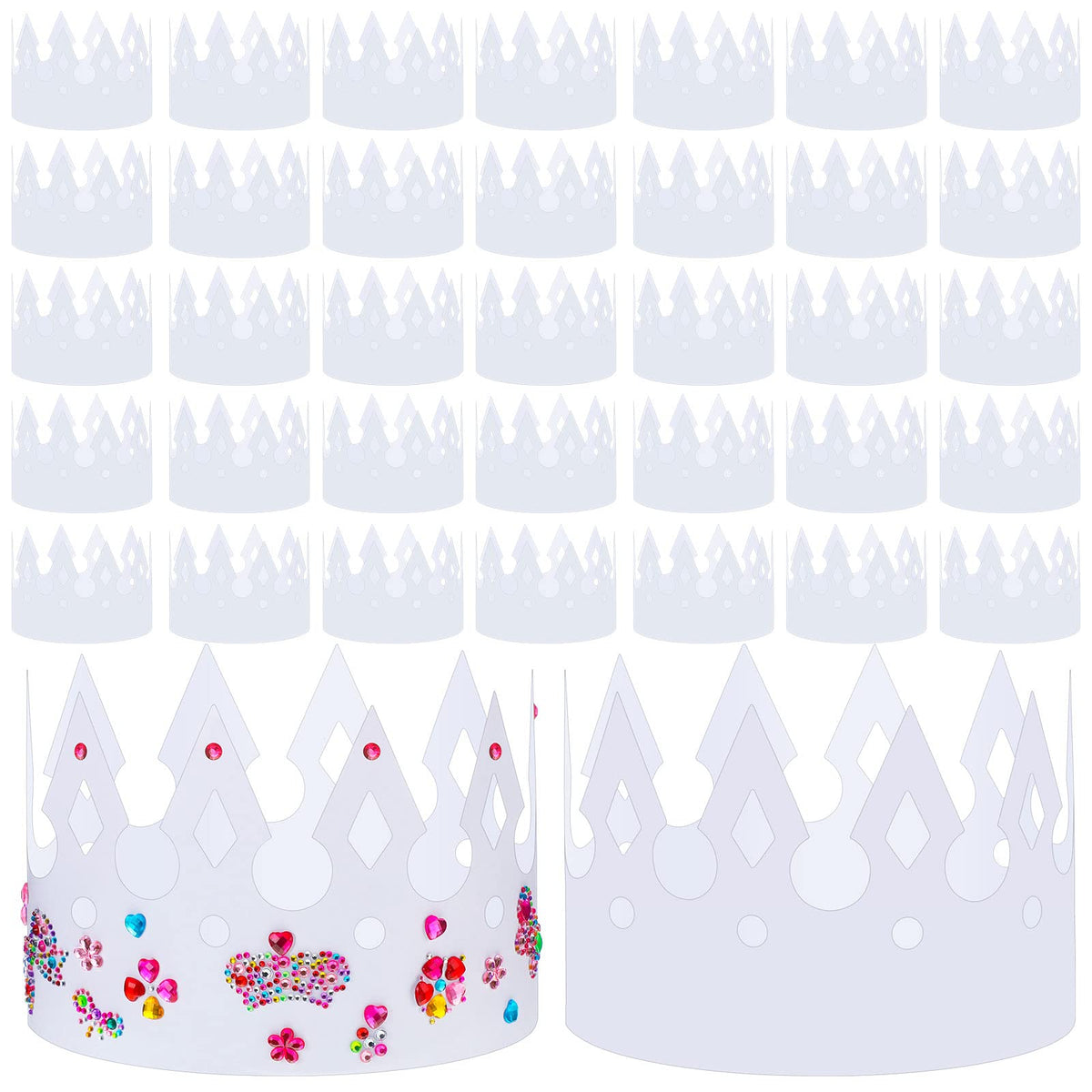 Crtiin 200-pack white paper crowns in package shot for quick party prep
