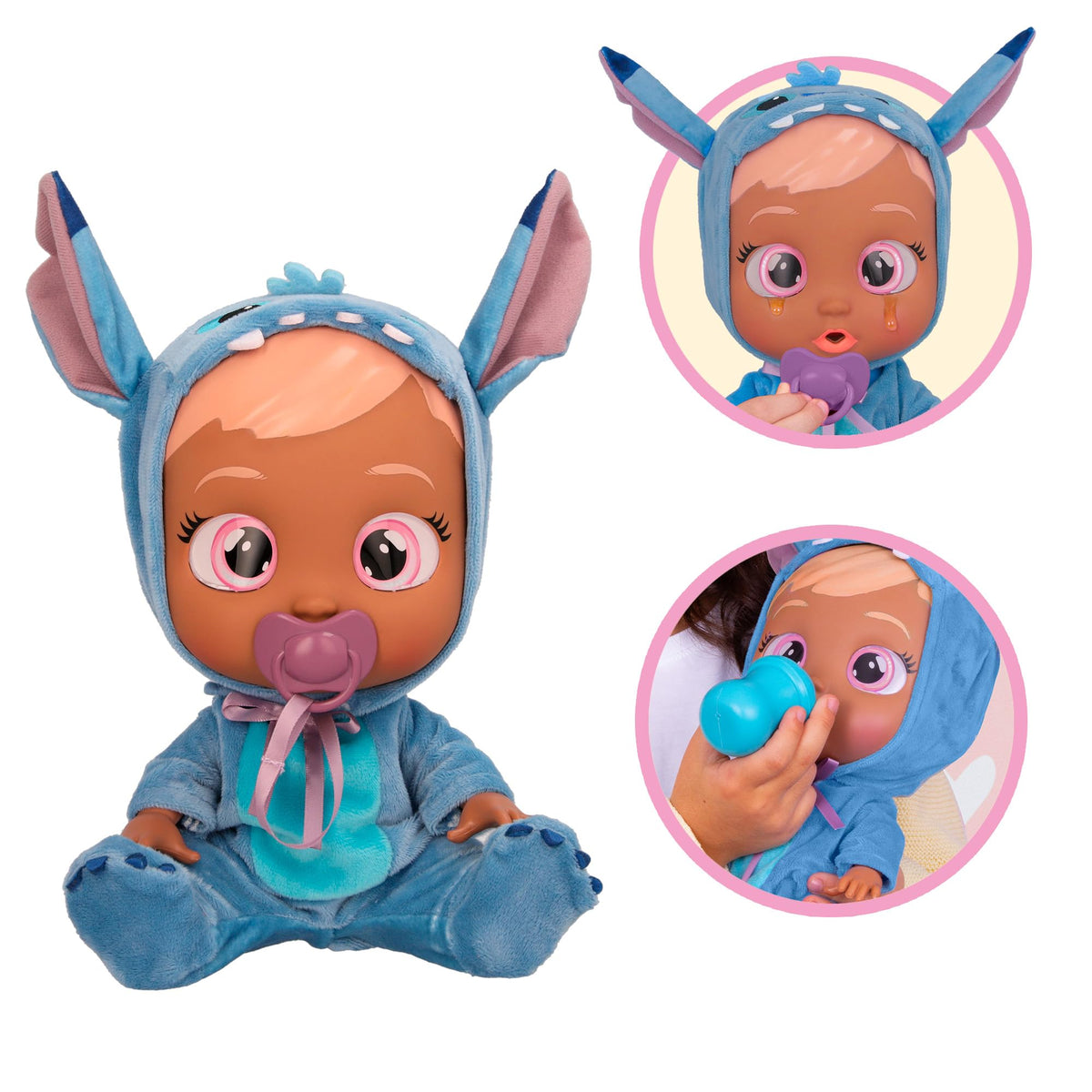 Cry Babies Stitch baby bottle enables feeding-themed role play.
