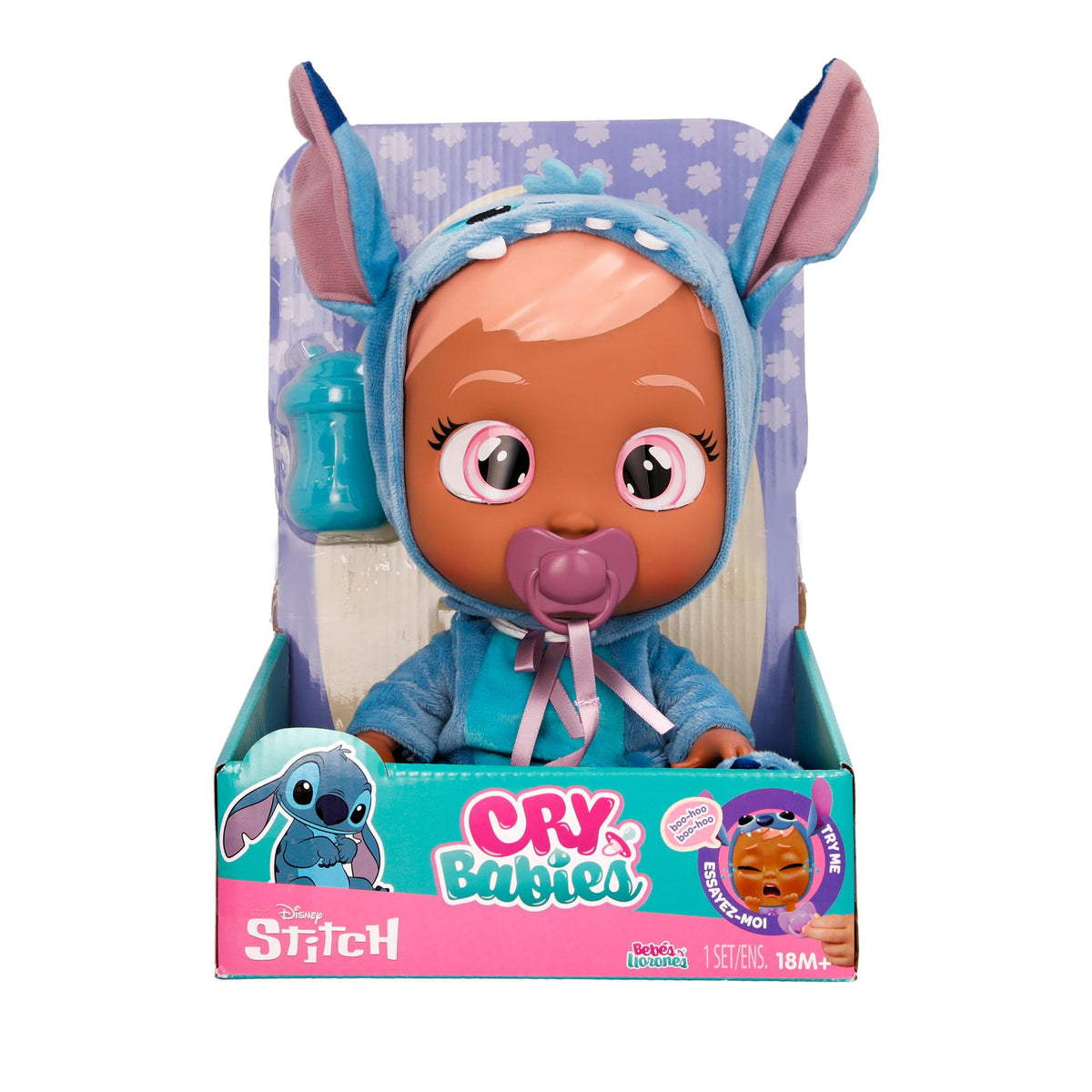 Cry Babies Stitch pacifier accessory supports pretend caregiving scenarios.
