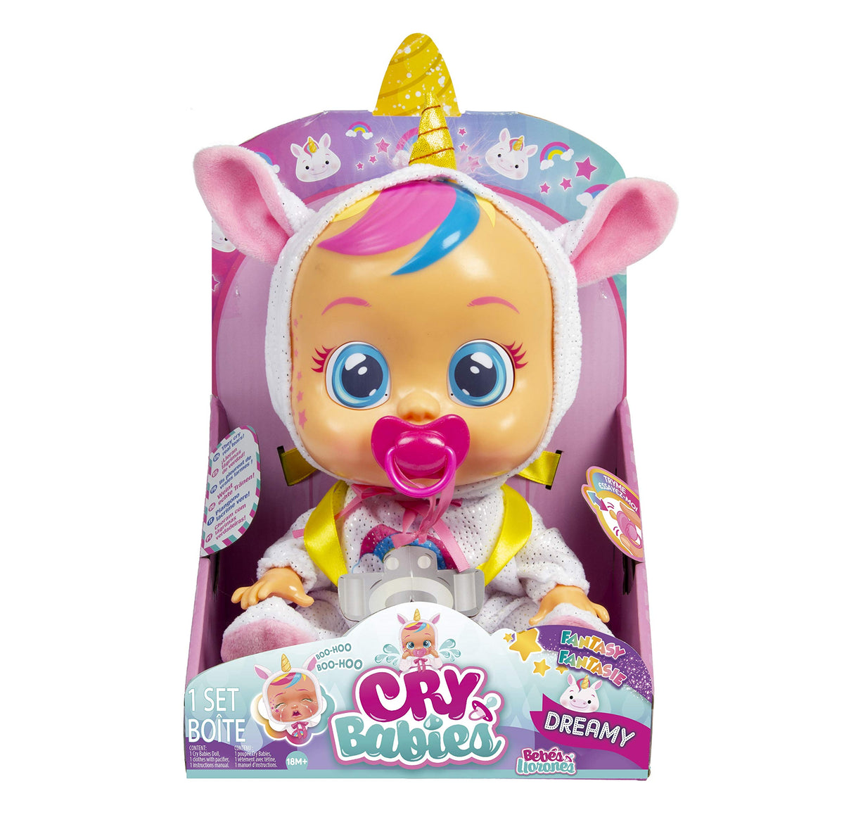 Cry Babies Dreamy unicorn 12inch doll star details capture children's attention.