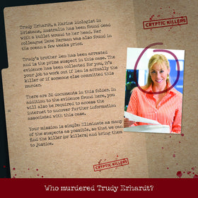 Cryptic Killers case file with 32 pieces for careful clue review