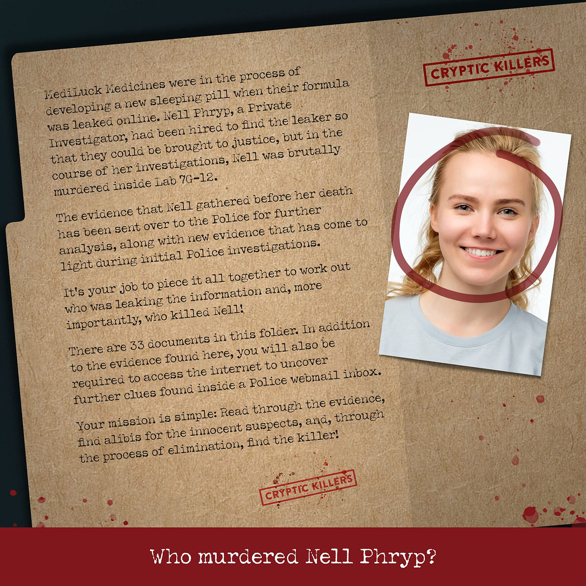 Cryptic Killers case files with evidence pack for thorough detective work.