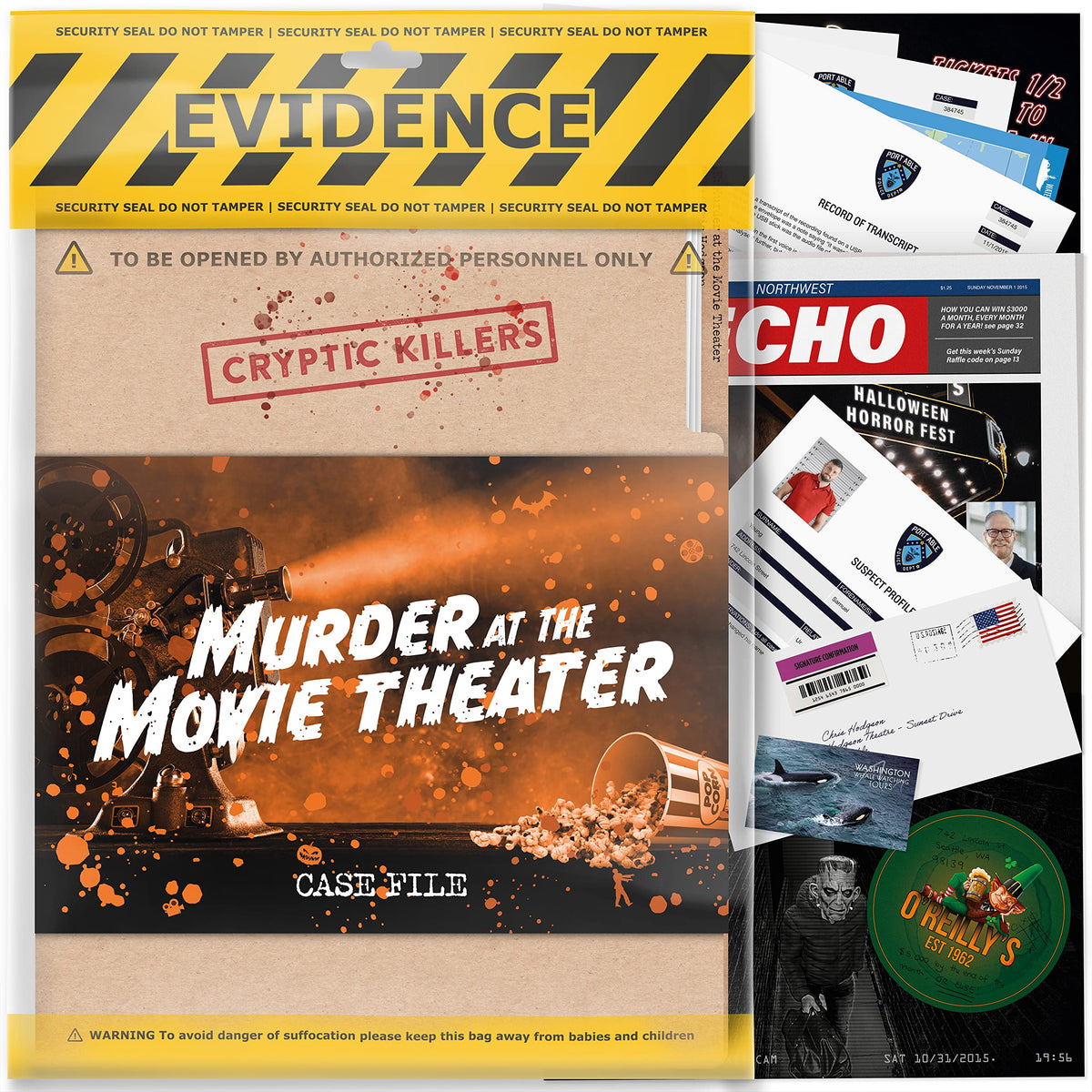 Cryptic Killers Movie Theater Murder Evidence — gripping props for immersive detective play.