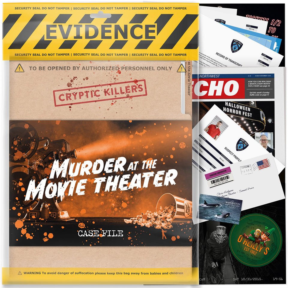 Cryptic Killers Movie Theater Murder Evidence — gripping props for immersive detective play.
