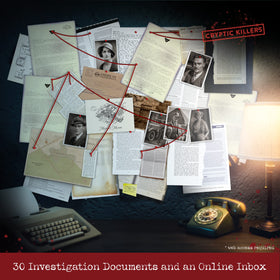 Close-up of suspect photos and witness statements for solving the crime.