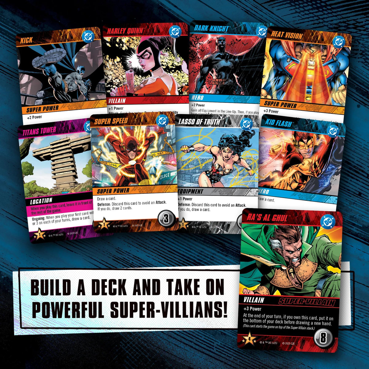 Vibrant comic art on Cryptozoic DC Deck-Building Game cards for immersion