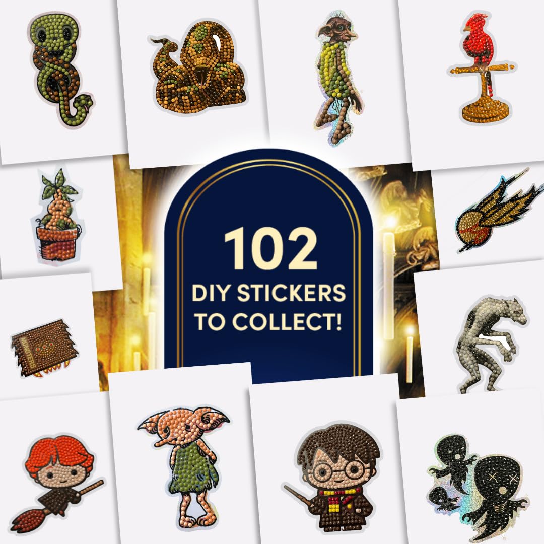 Contents image shows three stickers from Crystal Art Harry Potter pack for collecting