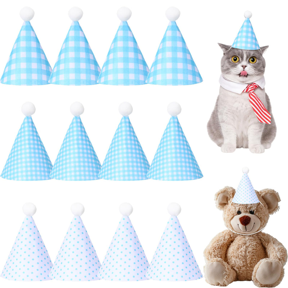 CrystalSylara baby blue polka-dot hats for stuffed animals, ideal for cute photo moments.