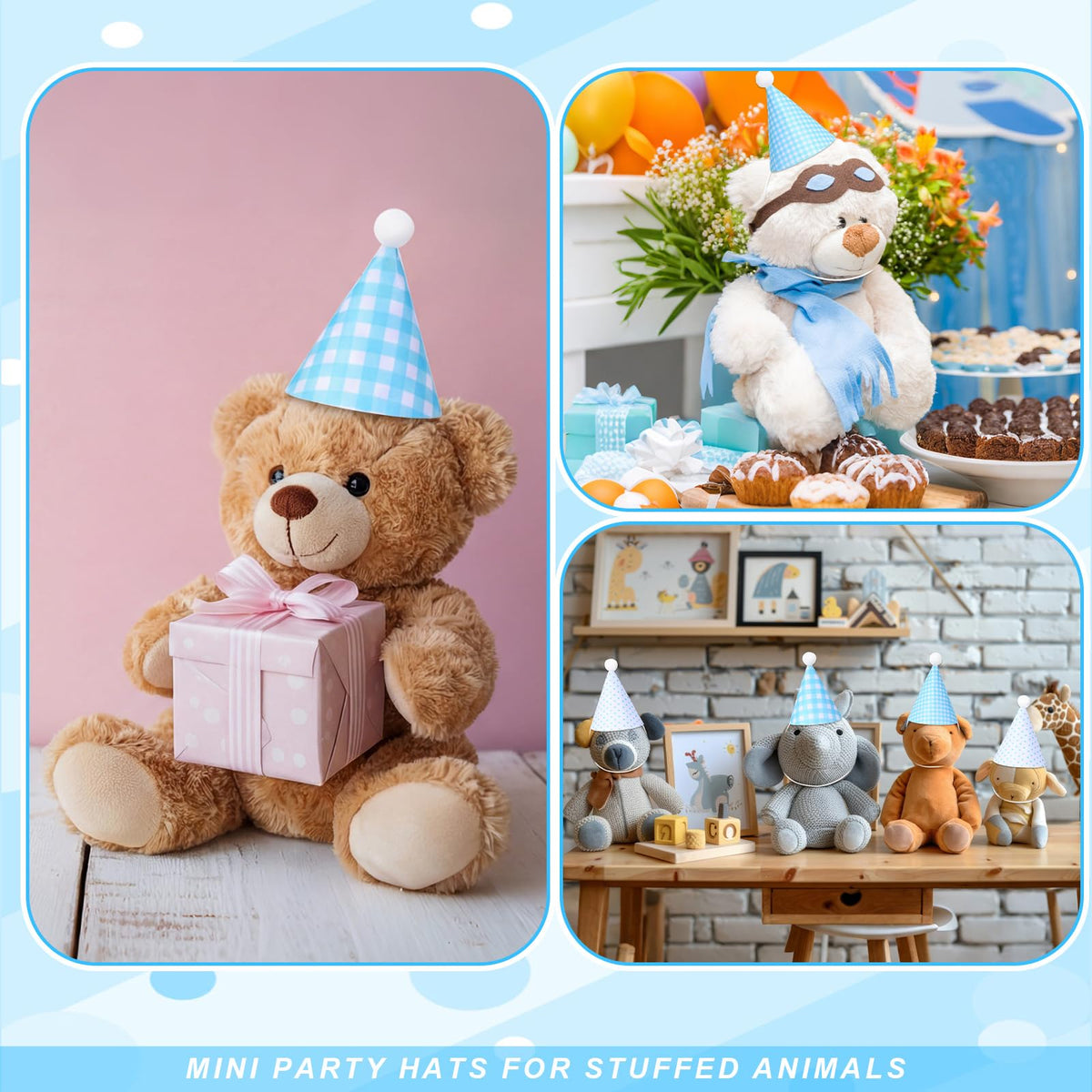 CrystalSylara blue checkered hats boost playtime scenes with adorable style.