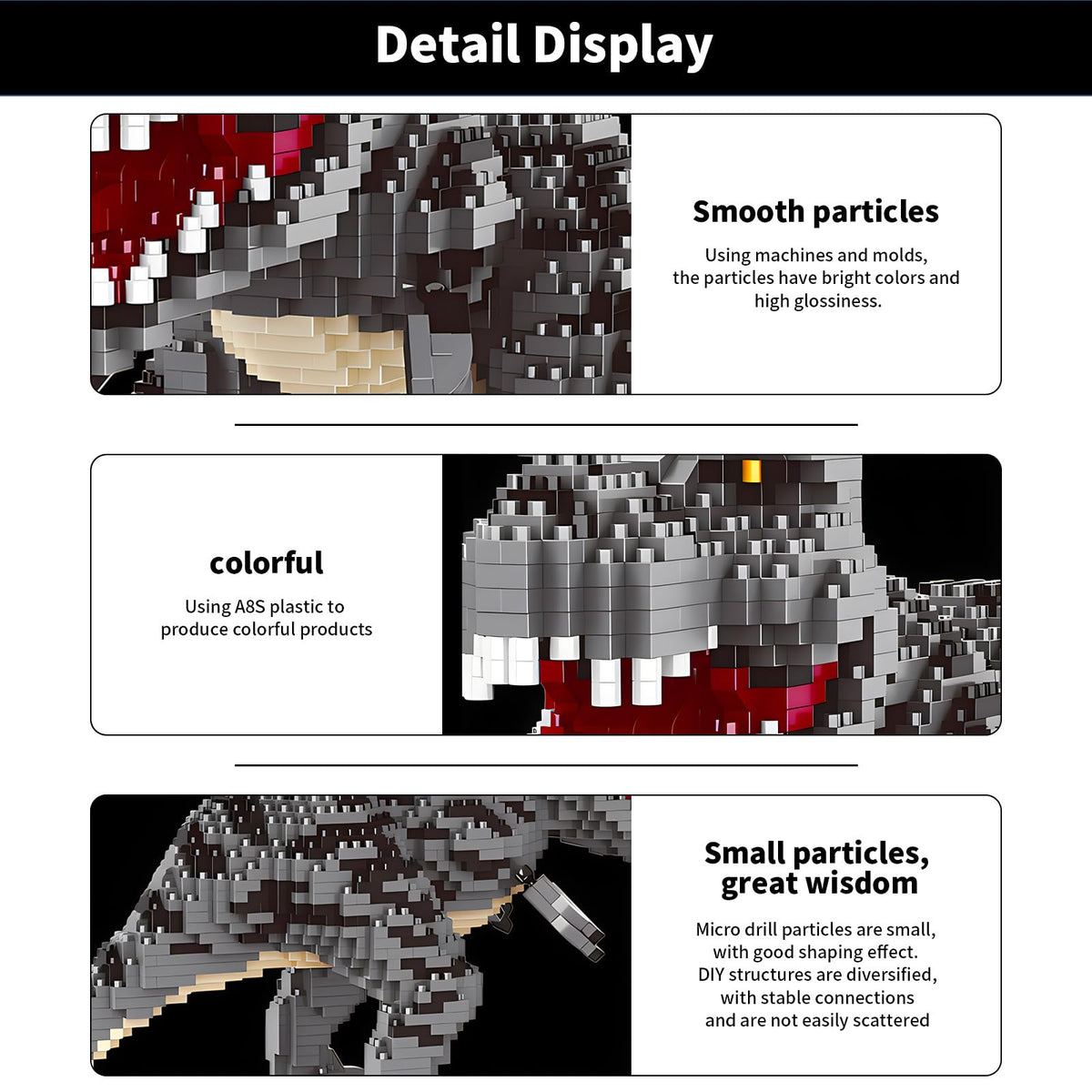 CSNRHG Tyrannosaurus Rex mini blocks close-up highlighting precise pieces