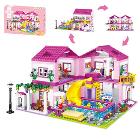 CSNRHG Pink Summer Pool Villa front view for imaginative play with a bright pool.
