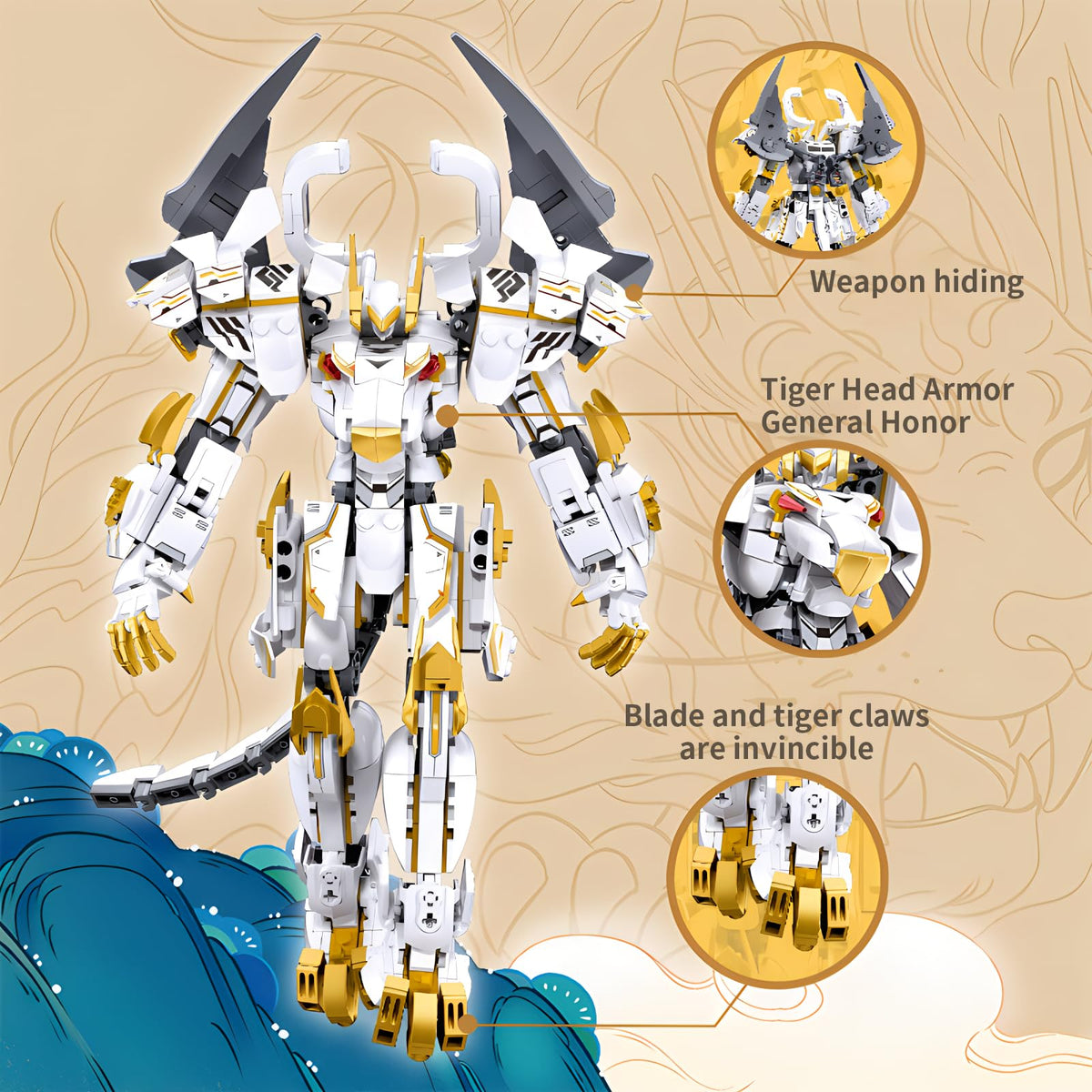 CSNRHG White Tiger Samurai Mech weapons with realistic design for display.