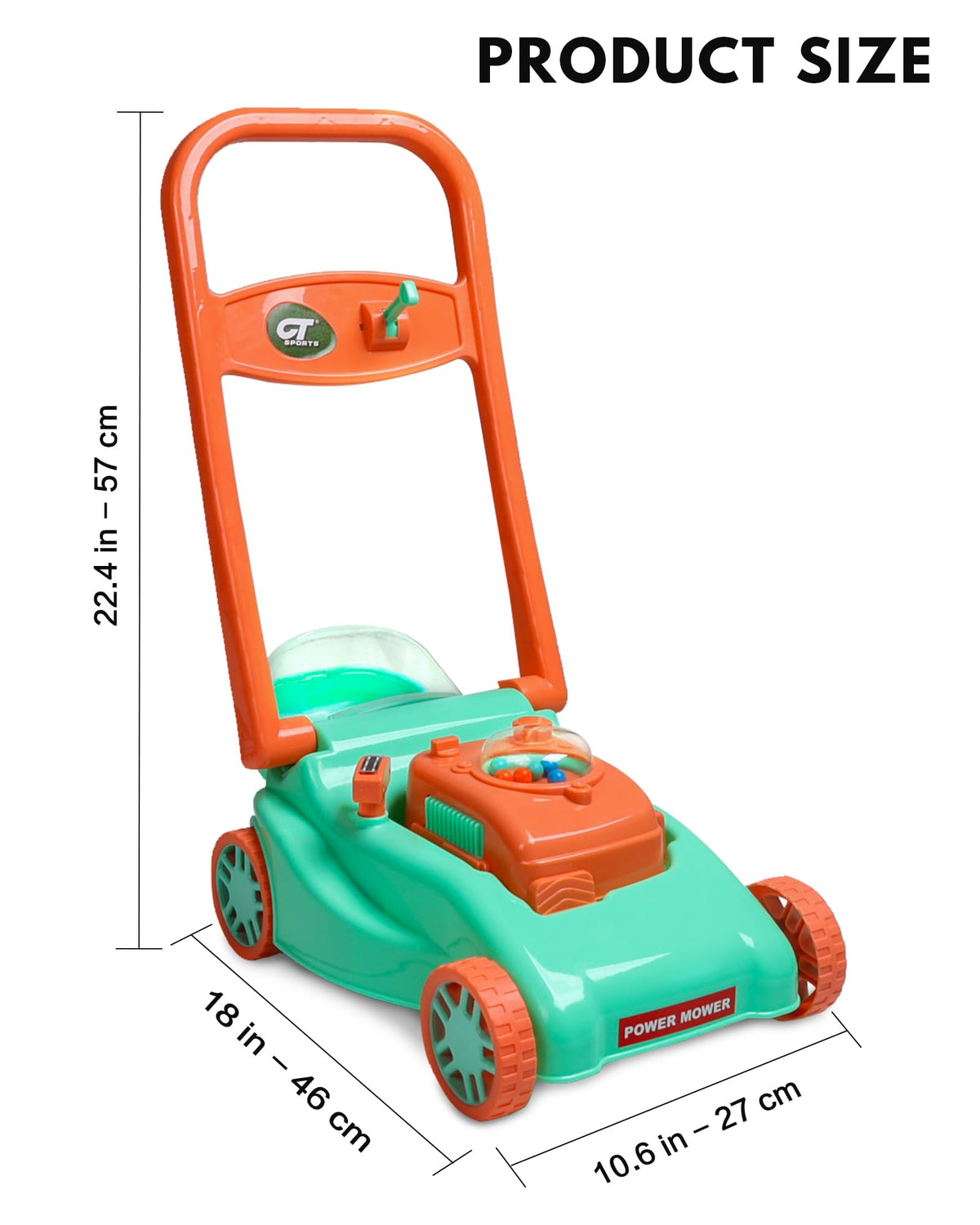 CT SPORTS Green lawn mower complements a kids garden playset and toy collection