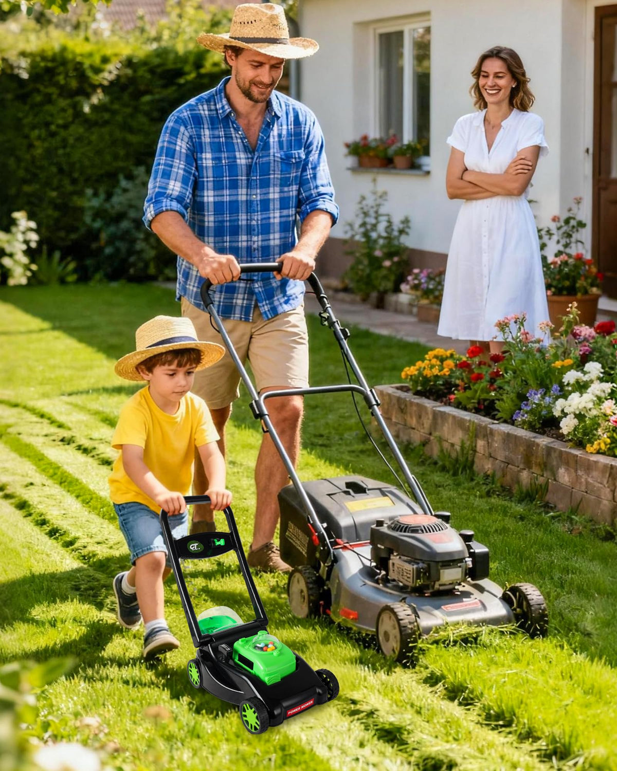 CT SPORTS Kids Lawn Mower uses a pull-engine cord for interactive pretend mowing.