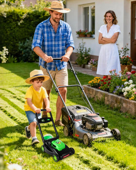 CT SPORTS Kids Lawn Mower uses a pull-engine cord for interactive pretend mowing.