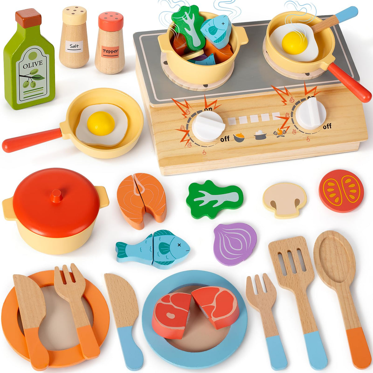 Cubacubo wooden stove with storage encourages tidy play and imaginative cooking sessions.