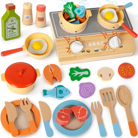Cubacubo wooden stove with storage encourages tidy play and imaginative cooking sessions.