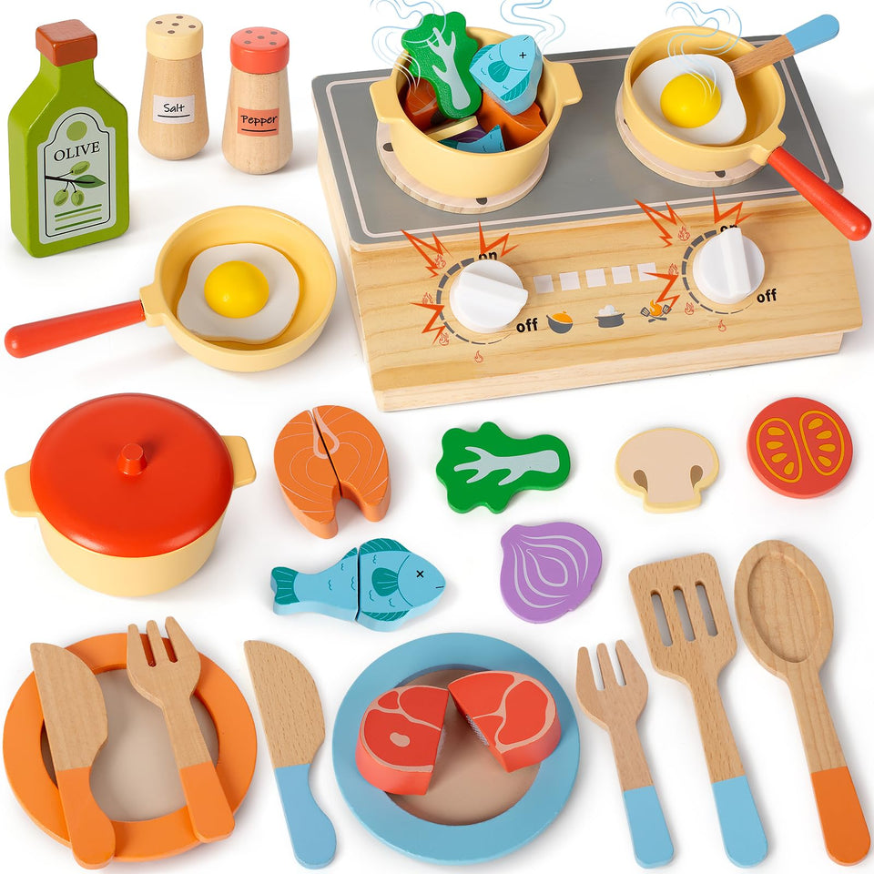 Cubacubo wooden stove with storage encourages tidy play and imaginative cooking sessions.