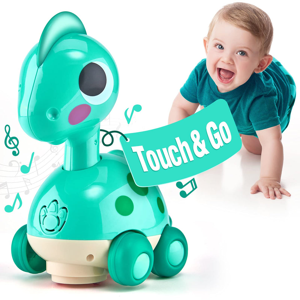 CubicFun dinosaur toy with back sensor encourages crawling movements