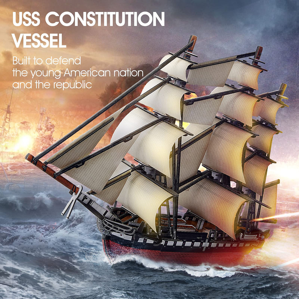 CubicFun USS Constitution puzzle side view, detailed pieces improve focus