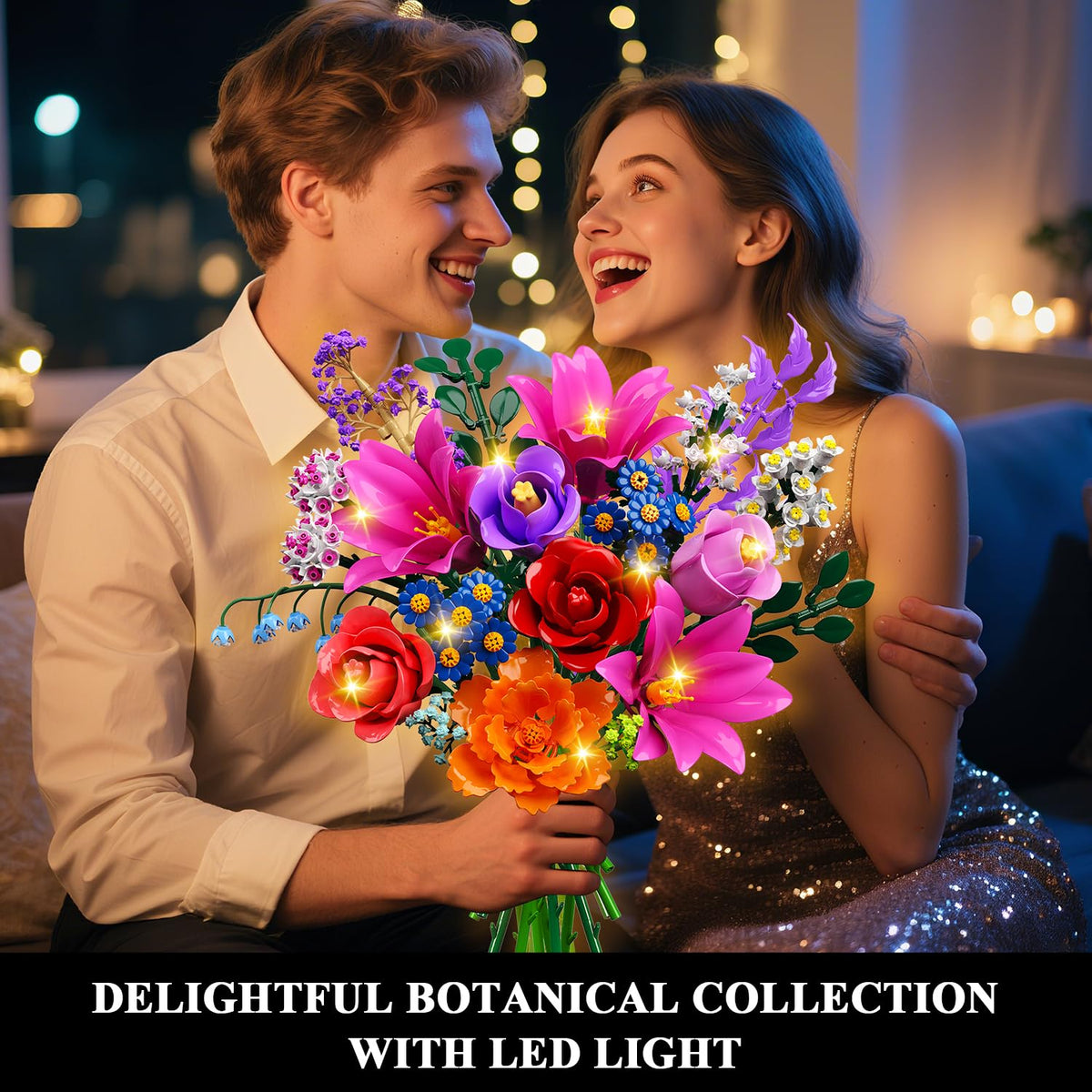 CUBIMANA bouquet with LED light creates a warm night-time ambiance.