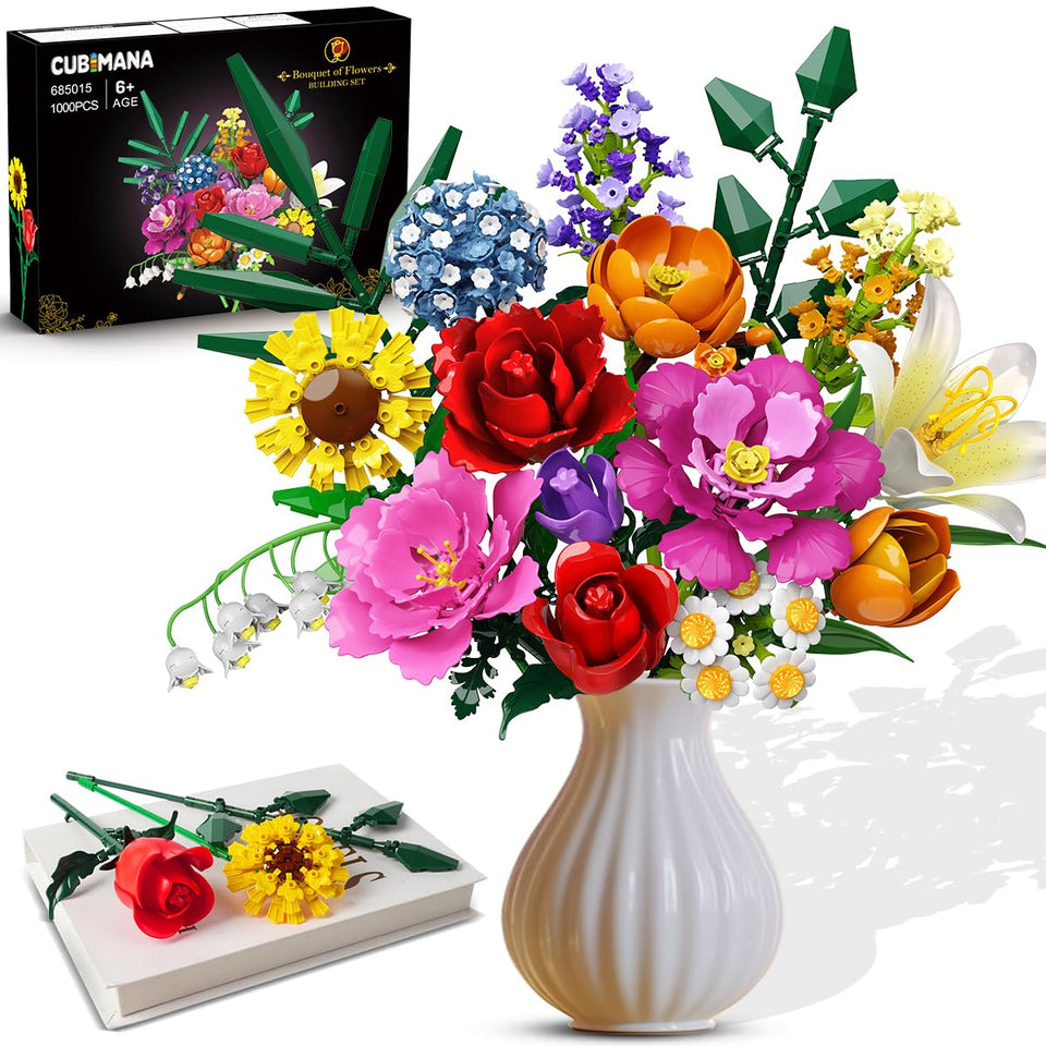 CUBIMANA Flower Bouquet Building Set with vibrant artificial blooms ready to display.