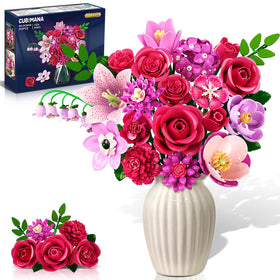 CUBIMANA Flower Bouquet Building Set with LED illuminates the rose-red bouquet for warm home decor.
