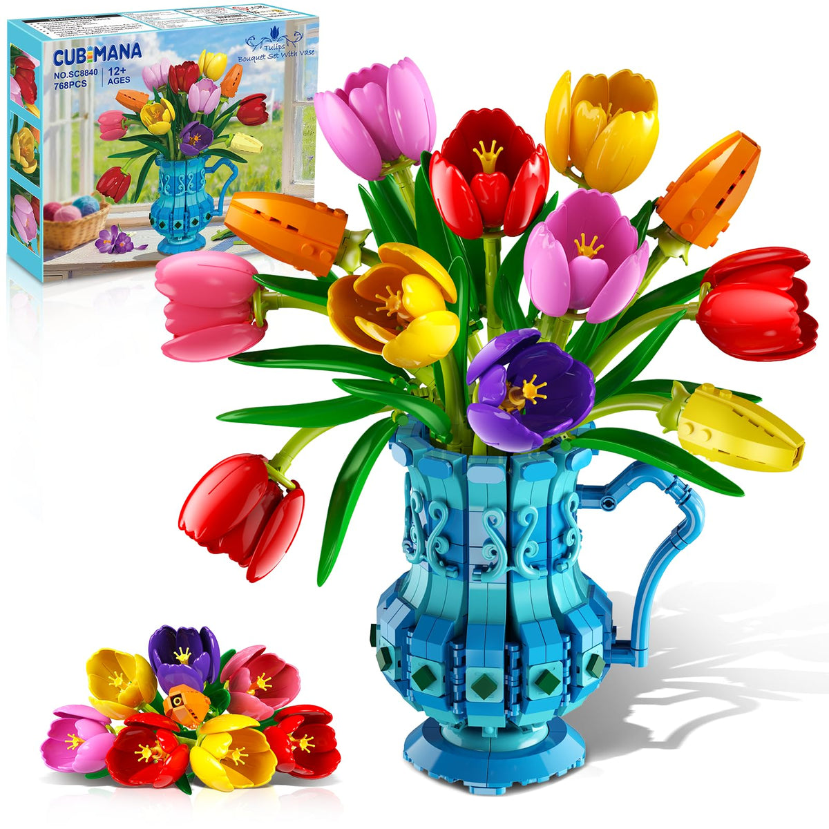 CUBIMANA flower bouquet with vase displaying vibrant tulips for lasting decorative elegance.