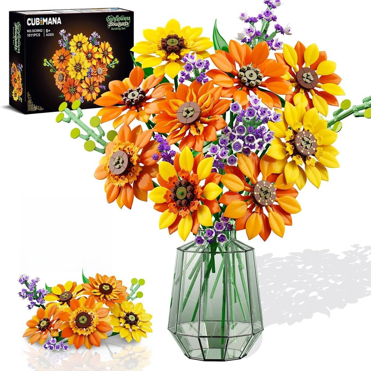 CUBIMANA sunflower bouquet building set with LED lights for a warm centerpiece