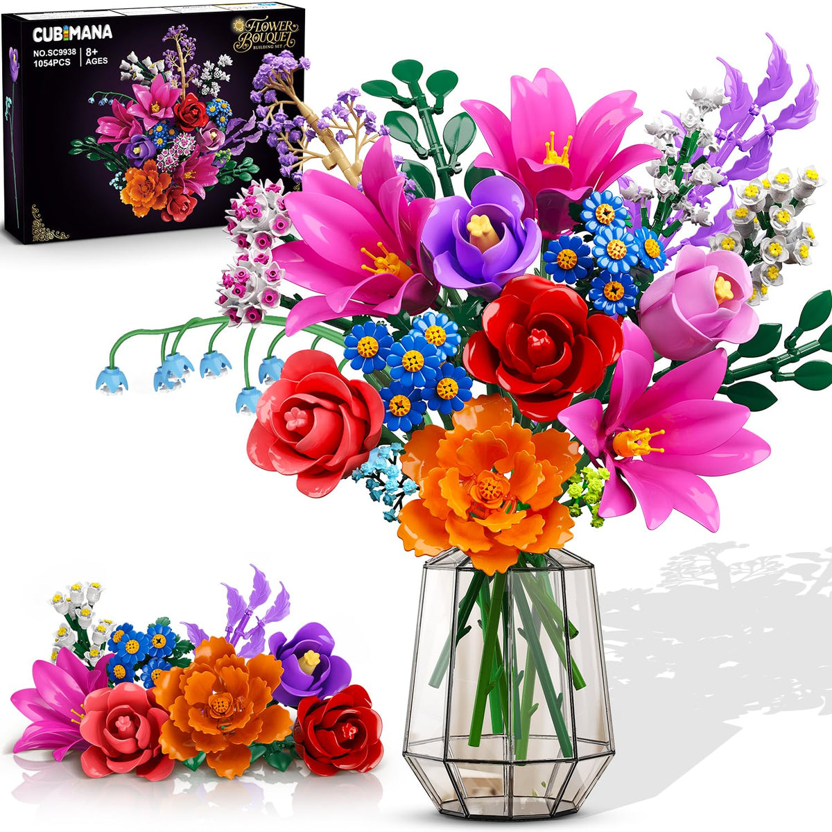 CUBIMANA bouquet-building set overview showing 1054 pieces for lasting home decor.