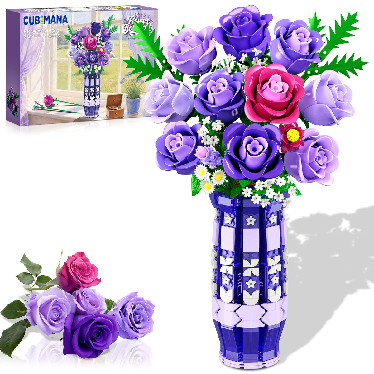 CUBIMANA purple roses bouquet with LED vase enhances ambient display.