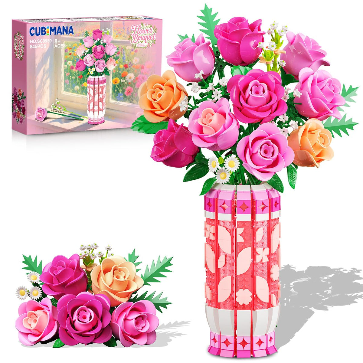 CUBIMANA romantic pink roses bouquet with vase and LED light, decorative centerpiece.
