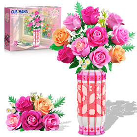 CUBIMANA romantic pink roses bouquet with vase and LED light, decorative centerpiece.