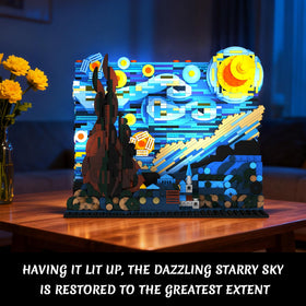 CUBIMANA Starry Night building set assembly close-up shows detailed 3D blocks for display-worthy art.